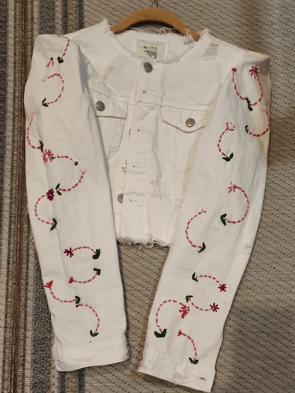 Forever 21 White Distressed Denim Jacket with Pink Floral Embroidery